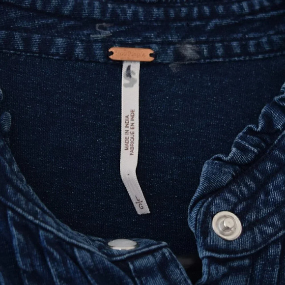 FREE PEOPLE Fitted Cotton Button Down Long Sleeve Top Blue Size Large - Picture 5 of 10